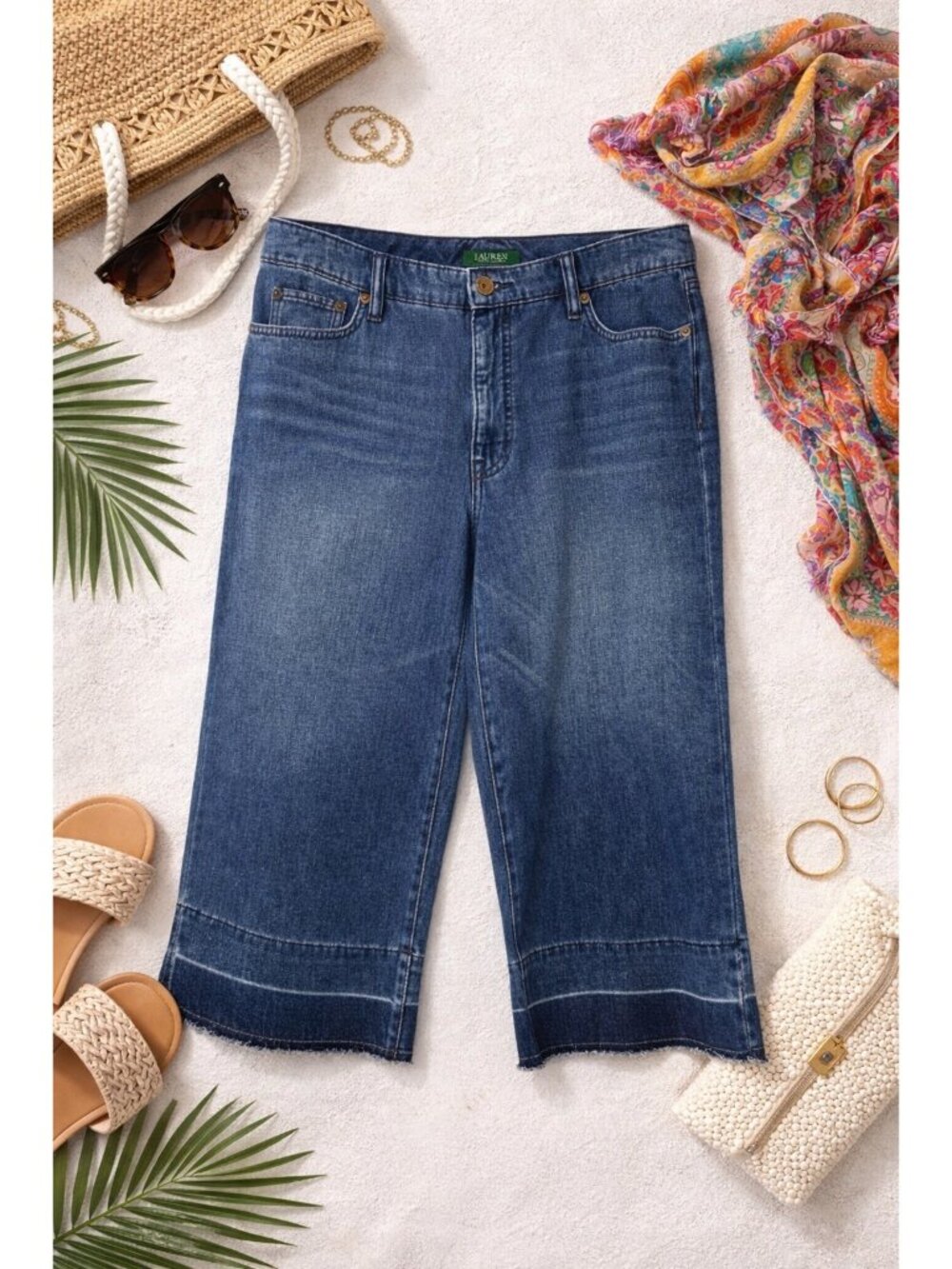 Lauren Ralph Lauren Womens Wide Leg Crop Jeans Size 12 Raw Hem Blue Denim EUC - Picture 1 of 7